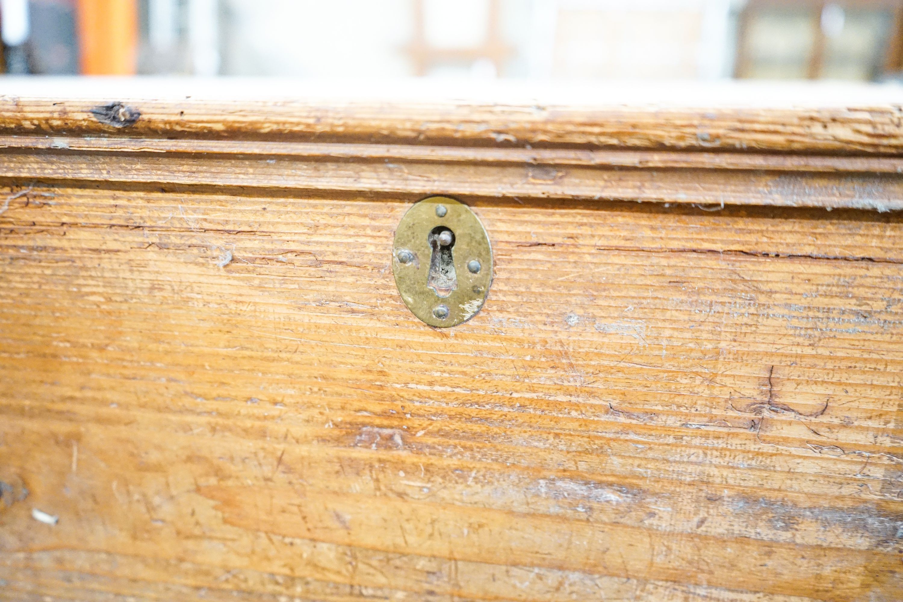 A Victorian rectangular pine trunk, length 94cm, depth 47cm, height 50cm